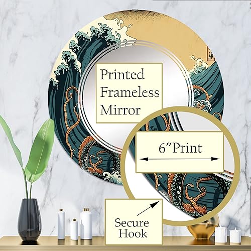 Miniatura 3 de DesignQ Espejo de tocador con paisaje japonés con pulpo III, espejos de baño, espejos de pared para sala de estar, dormitorio, espejo redondo,