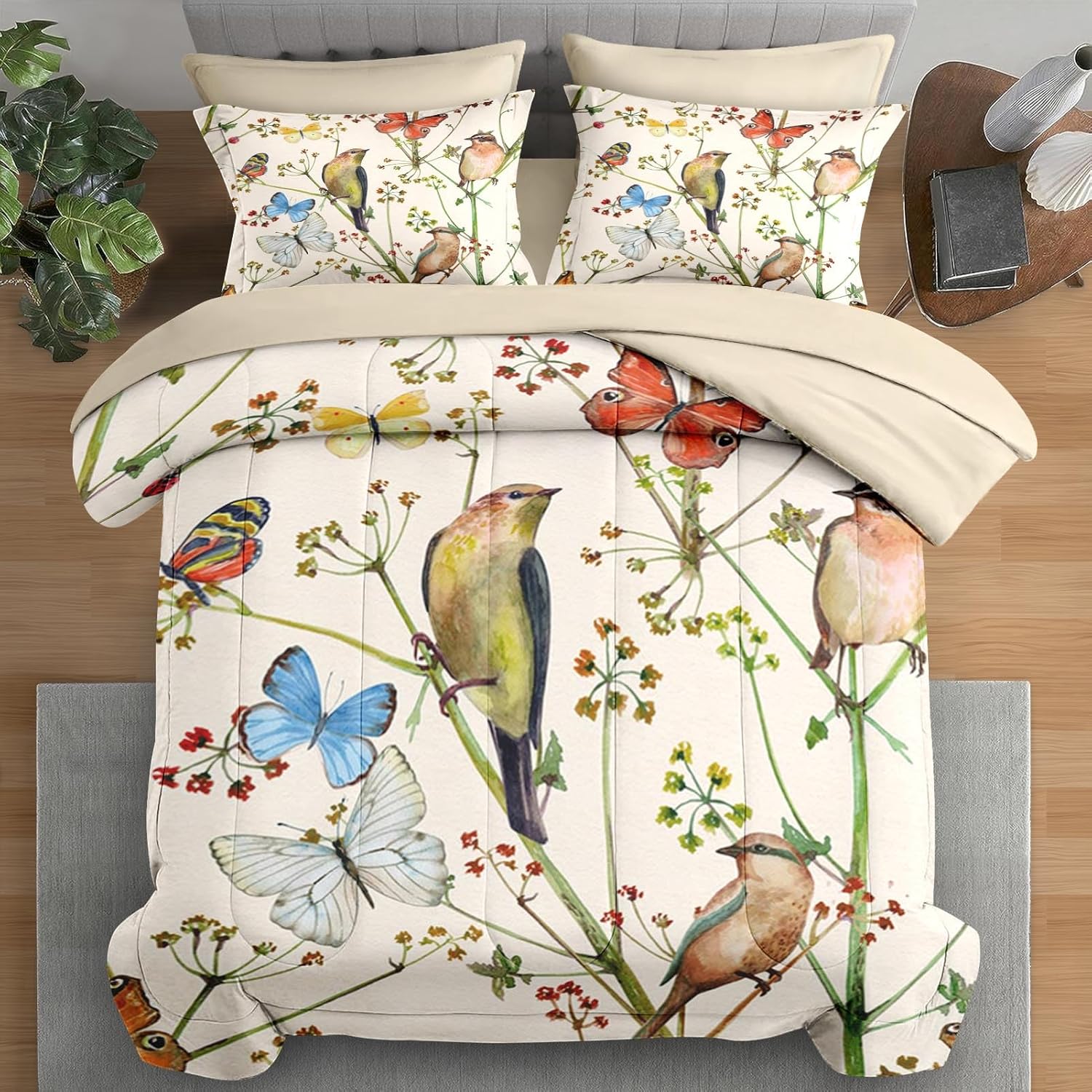 Comforter Set Queen Size, Vintage Birds Butterfly Colorful 7 Pcs Bedding for Kids and Adults, Floral Spring Beige Bed Sheet Sets with Fitted Sheet 2 Pillowcase & 2 Sham for Bedroom Bed Decor Queen Flower Birds(similar no same)