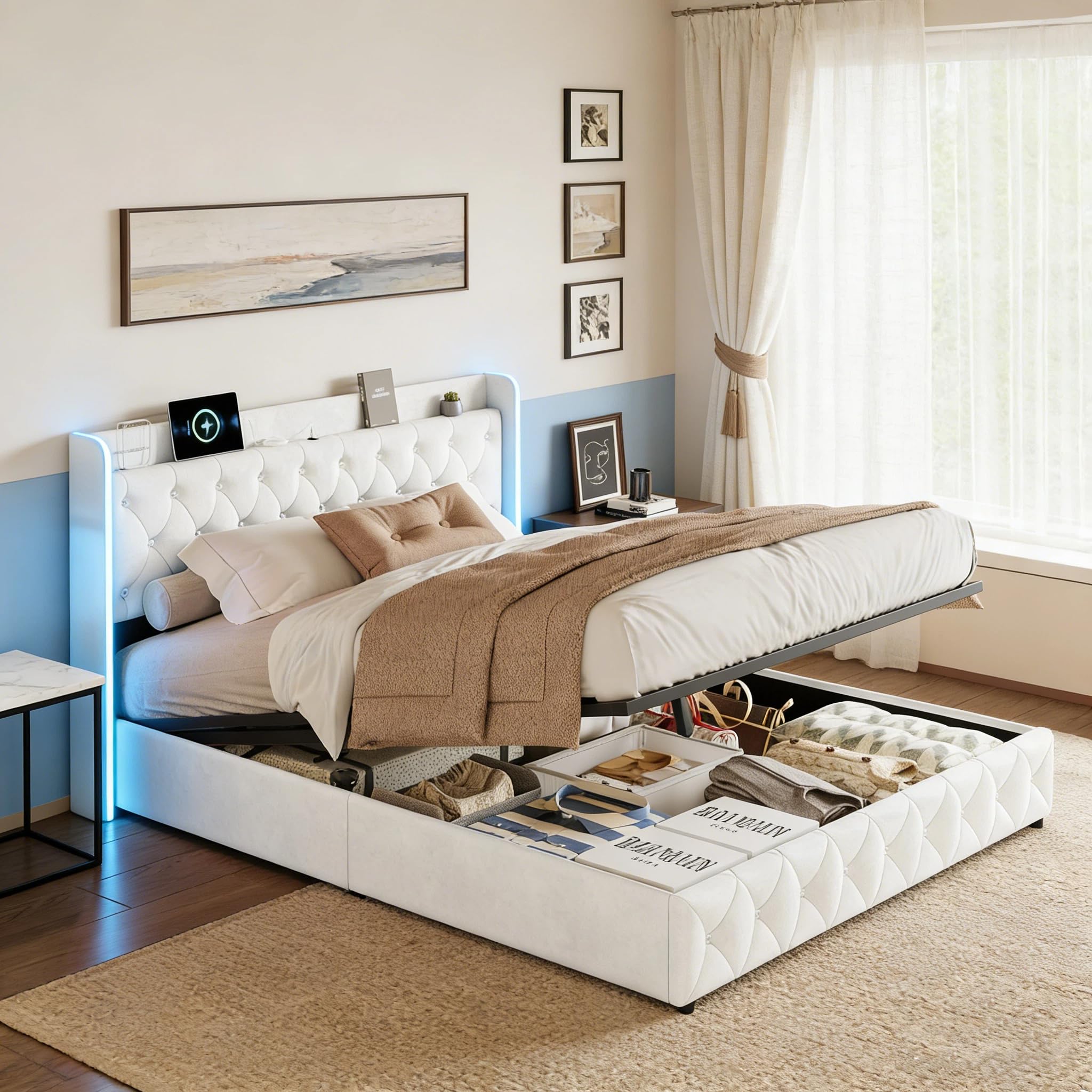 BRILVERDE Letto Imbottito 160x200 con Contenitore Idraulico, Letto Matrimoniale a LED con USB, Funzionale con testiera, Struttura Letto con Rete a doghe, in Velluto (Beige, 160 x 200 cm)
