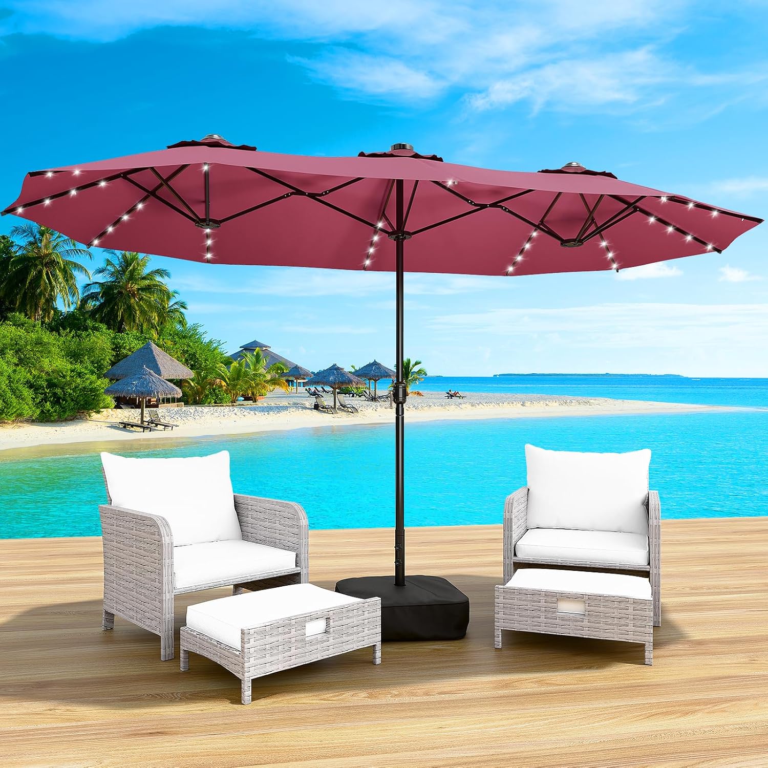 LEVELEVE 15FT Rectangle Patio Umbrella with Base & Solar LED Lights - Double-Sided