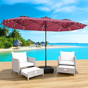 LEVELEVE 15FT Large Patio Umbrella with Base & Solar LED Lights - Double-Sided,Red