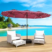 LEVELEVE 15FT Large Patio Umbrella with Base & Solar LED Lights - Double-Sided,Red