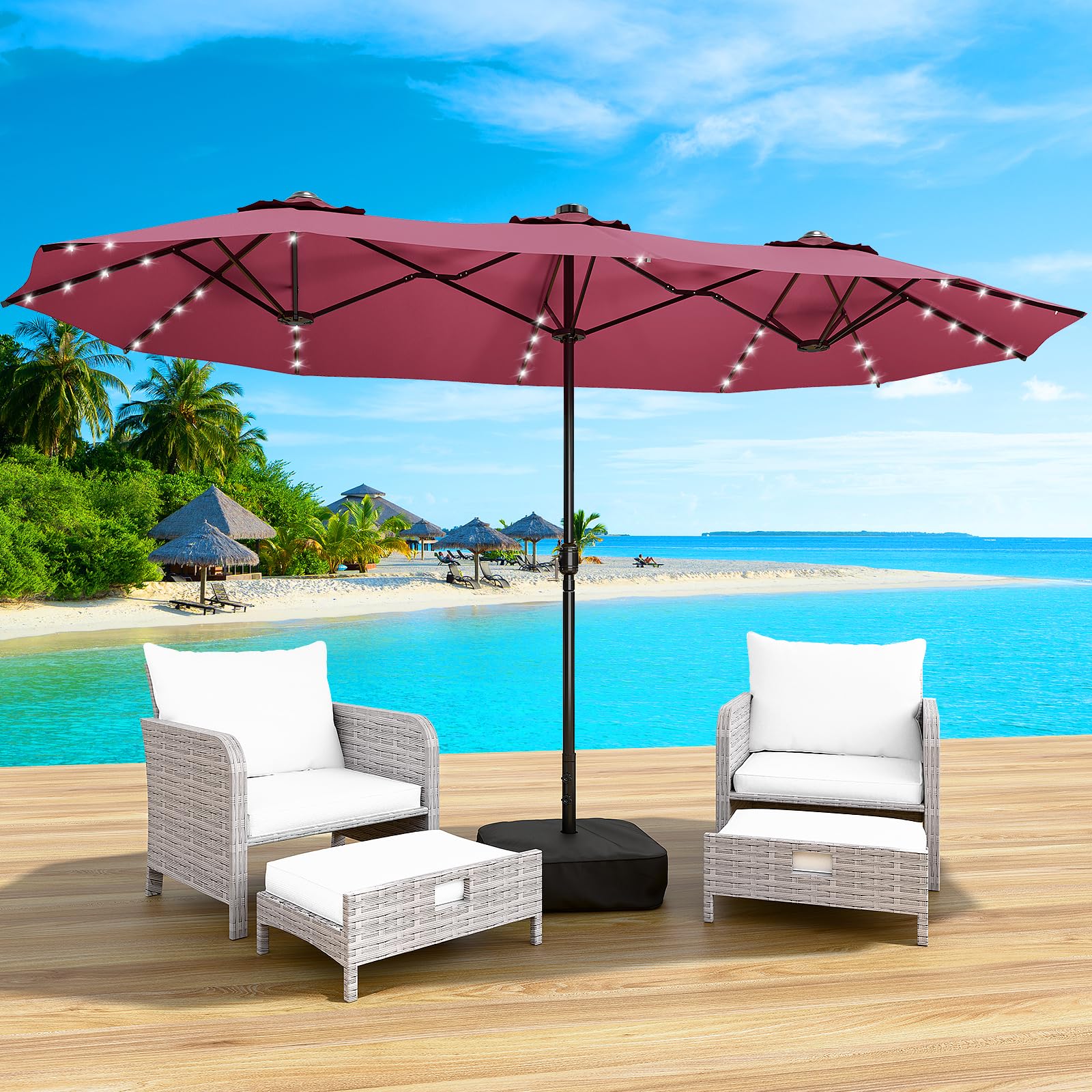 LEVELEVE 15FT Large Patio Umbrella with Base & Solar LED Lights