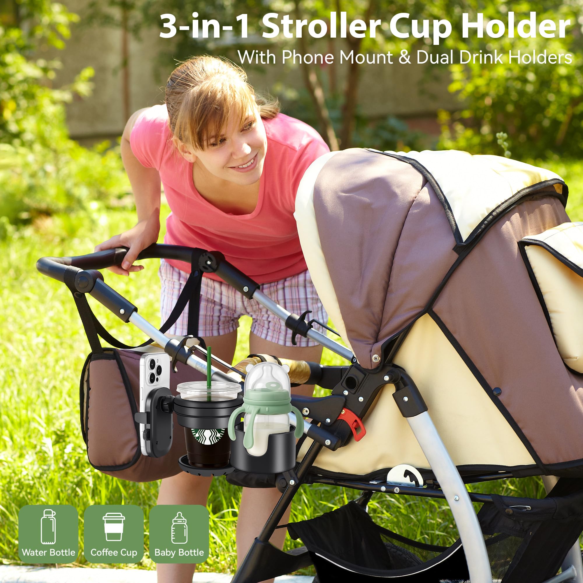 Portavasos Carrito Bebé 3 en 1, Soporte para Biberón con Soporte para Móvil - Portavasos Universal Giratorio 360° para Coches de Bebé, Bicicletas, Sillas de Ruedas - Práctico Regalo para Bebés