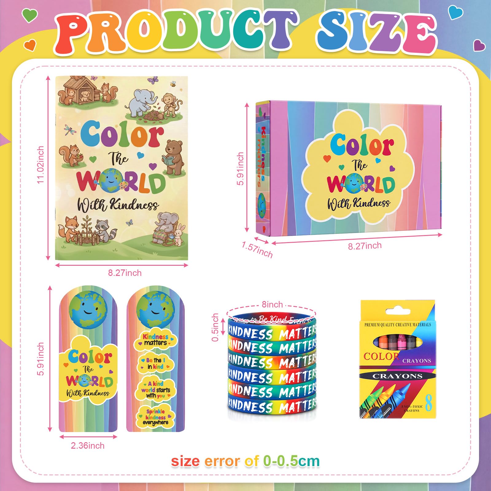 Woanger 133 pezzi Colora il mondo con gentilezza Articoli assortiti Bulk 12 Be Kind Attività Libro 12 Segnalibro 96 Pastello 12 Braccialetto 1 Confezione Regalo per Scuola Comunità Mondiale Settimana