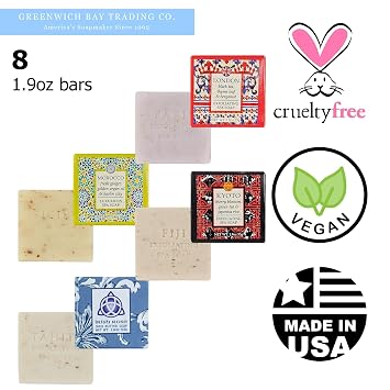 Destination Soap Sampler- Set of 8 Exfoliating Spa Soap Bars- Enriched with Shea Butter and Essential Oils- Sicily, Kyoto, London, Paris, Morocco, Tahiti, Fiji and Custom Soap- Party Favors for Adults