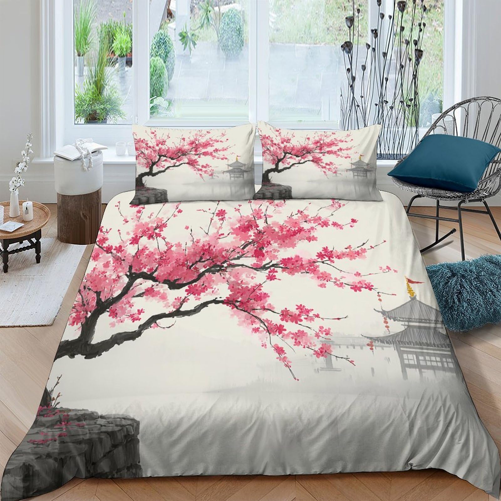 Ctjqhvkz Style-3 3D Printed Cherry Blossom Fitted Sheet Microfiber Soft Bedroom Decor Pagoda Bed Cover For Home Guest Room Single（135X200cm）