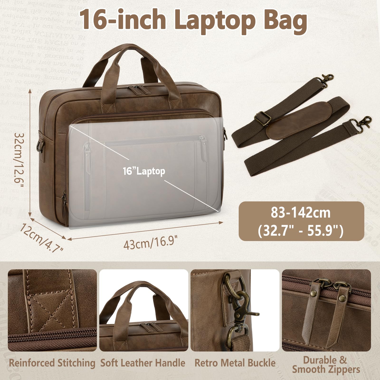 RAINSMORE Borsa per computer da uomo 16 pollici in pelle PU Valigetta per PC Tablet Cartella impermeabile Borsa a tracolla per lavoro Affari Università