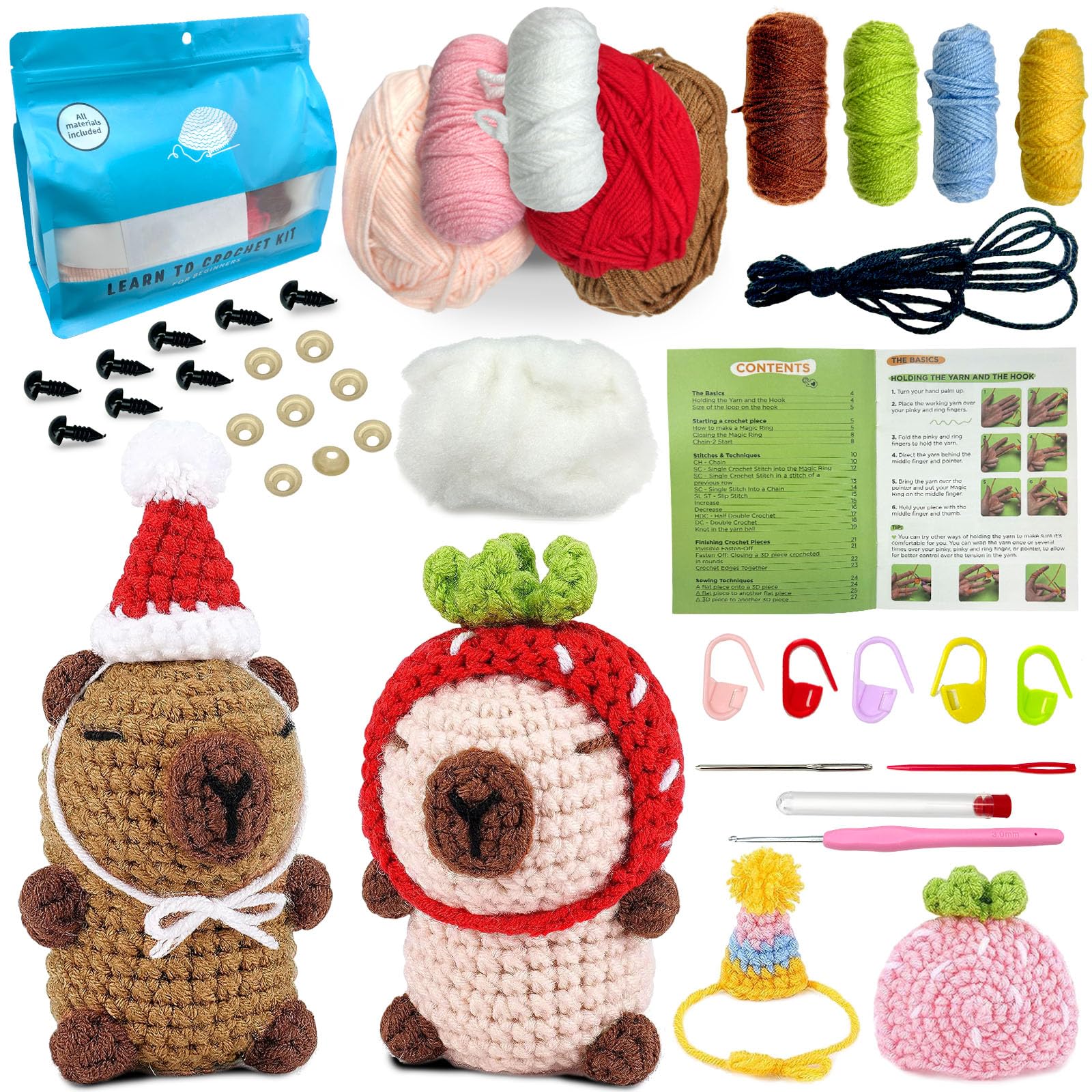 Juvanovo Kit Crochet Capybara, 2 Piezas Capibara Crochet Kit principiantes, Kit Ganchillo Capybara, Kit de Crochet Capibara con Tutoriales en Video, Capybara Regalo para Adultos y Niños