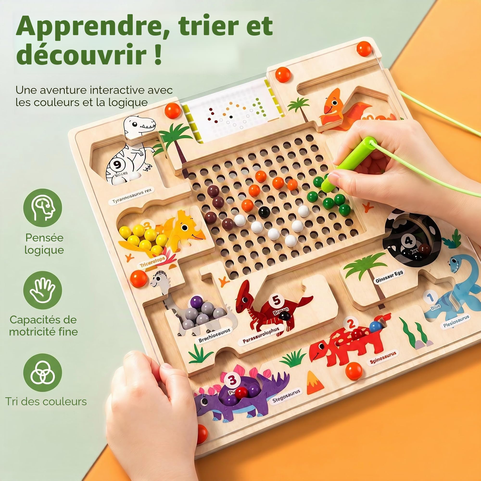 Labyrinthe Magnétique en Bois Dinosaure, Jouet Montessori Éducatif pour Apprendre Chiffres et Couleurs, Jeu de Motricité Fine avec Stylos et Cartes, Cadeau Enfant 3 4 5 6 Ans