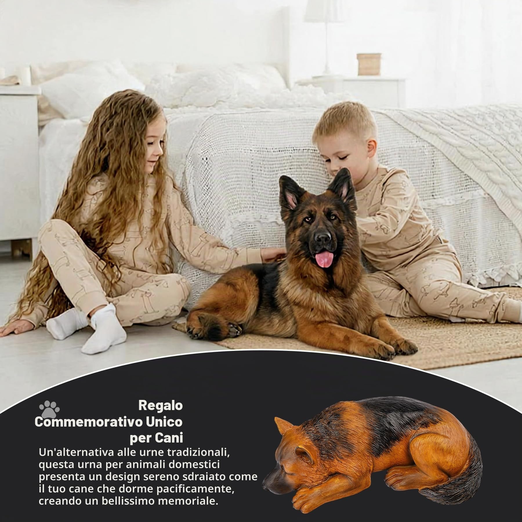 Urna commemorativa per animali domestici per le ceneri – Resina, cane sdraiato tranquillo, regalo di cordoglio per la perdita del cane, figurina commemorativa per animali domestici (Pastore