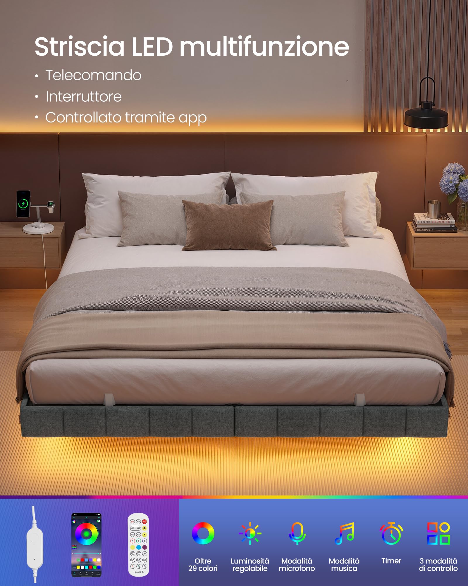 VASAGLE Struttura Letto Effetto Fluttuante 160 x 200 cm, Bordi Imbottiti, LED, 2 Prese AC, 1 Porta USB-A, 1 Porta USB-C, 1 Porta USB-A sul Retro, Portata 500 kg, Grigio Ardesia RMB165G101