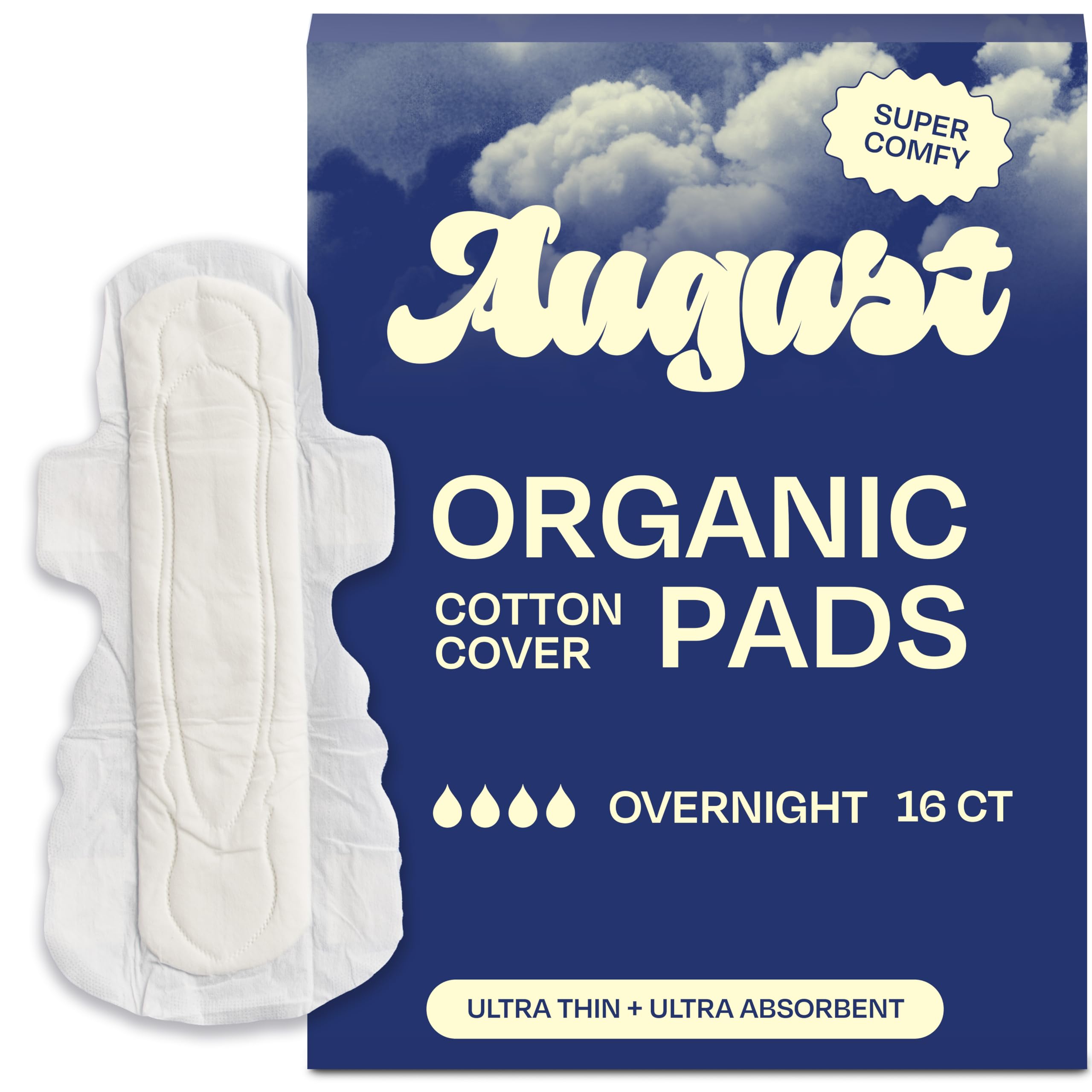 August Overnight Pads for Women, 16-Pack Ultra Thin Pads with Wings, Hypoallergenic Sanitary Napkins with Organic Cotton Topsheet, Compostable Wrappers, Toxin Free, Fragrance Free