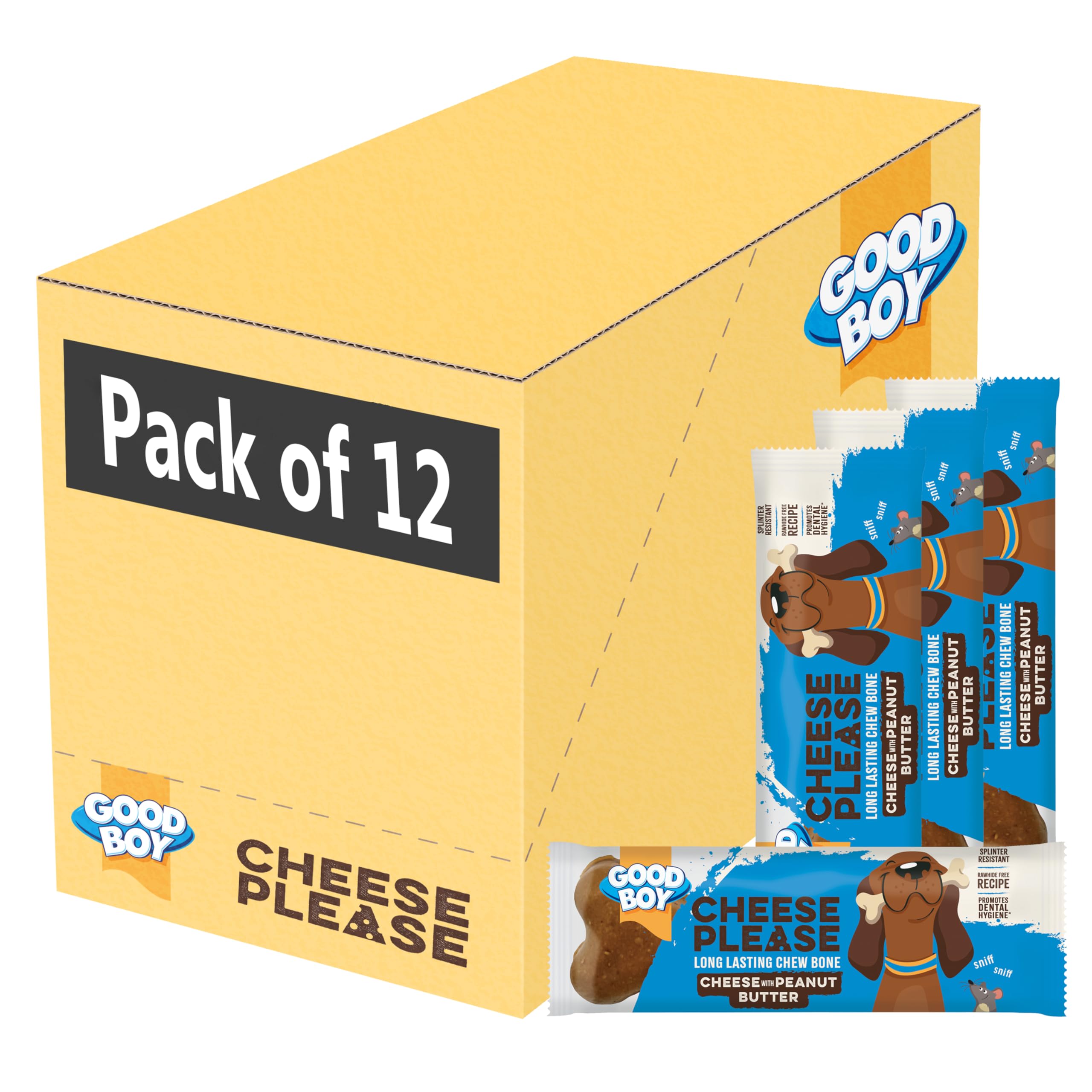 Good Boy Cheese Please With Peanut Butter - Splinter Resistant Hard Cheese Dog Treats - Low Fat and High in Protein - Bulk Box x 12 Chews