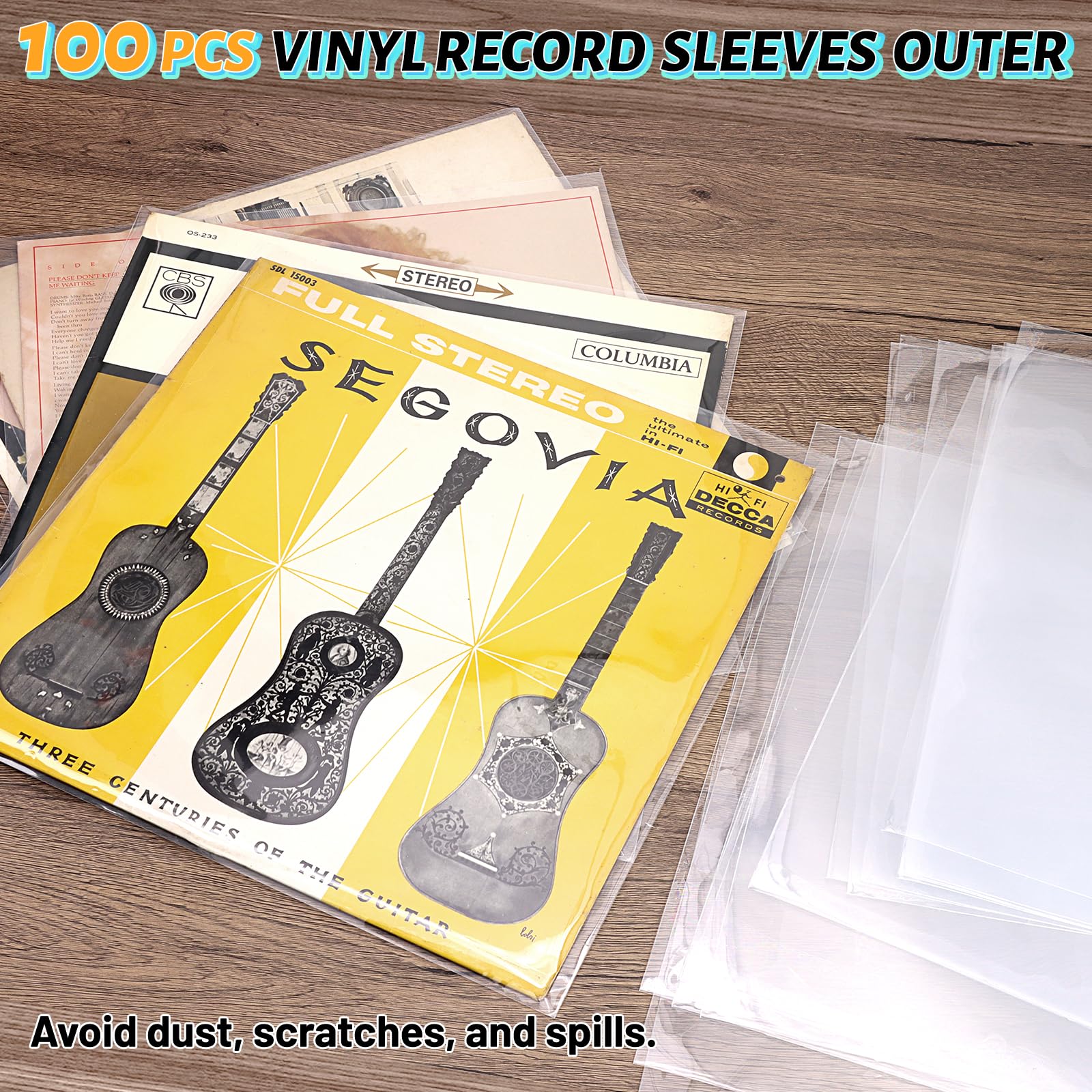 Almacenamiento de discos de vinilo con 100 fundas para discos, caja organizadora de discos ignífuga y resistente al agua con cerradura, fundas transparentes de vinilo sin arrugas, kits de protección