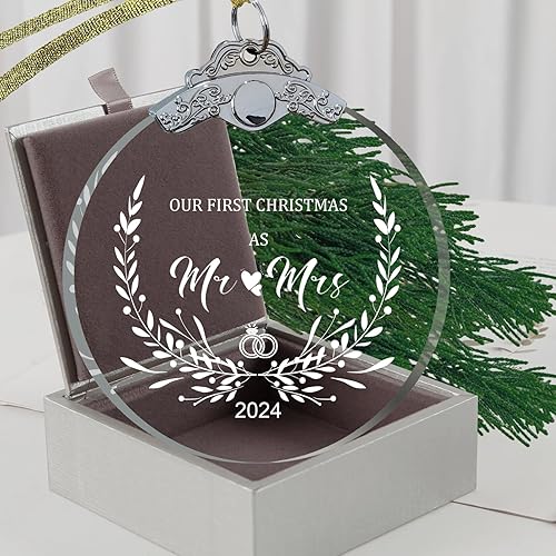 Regalos de boda para parejas, vidrio de cristal único 2024 de 3 pulgadas con caja de regalo, adorno de primera Navidad para casados, adorno de Mr