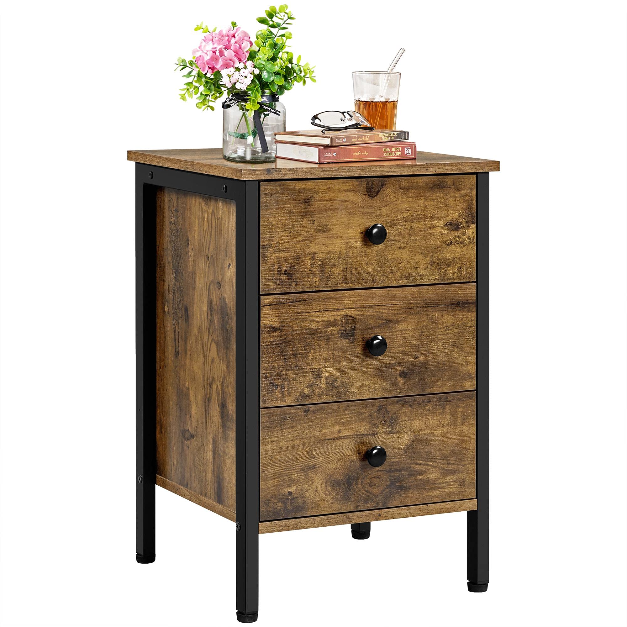 Yaheetech Mesita de Noche con 3 Cajones 40x40x61cm Mesillas de Noche de Estilo Industrial Mesa Auxiliar de Madera para Dormitorio