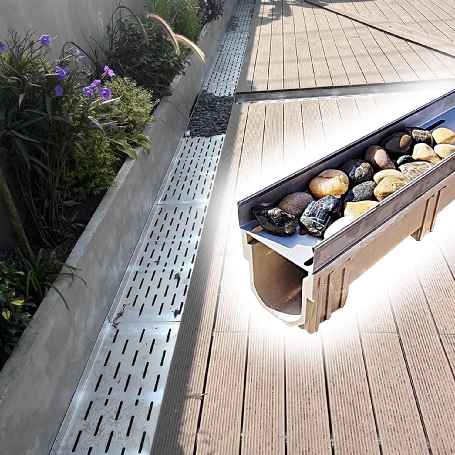 Channel Kit,Resin Pipe for Outdoor Trench age with Metal Grate and Concrete Diverter for Rain Gutter(15x11 cm (6x4.3 in))