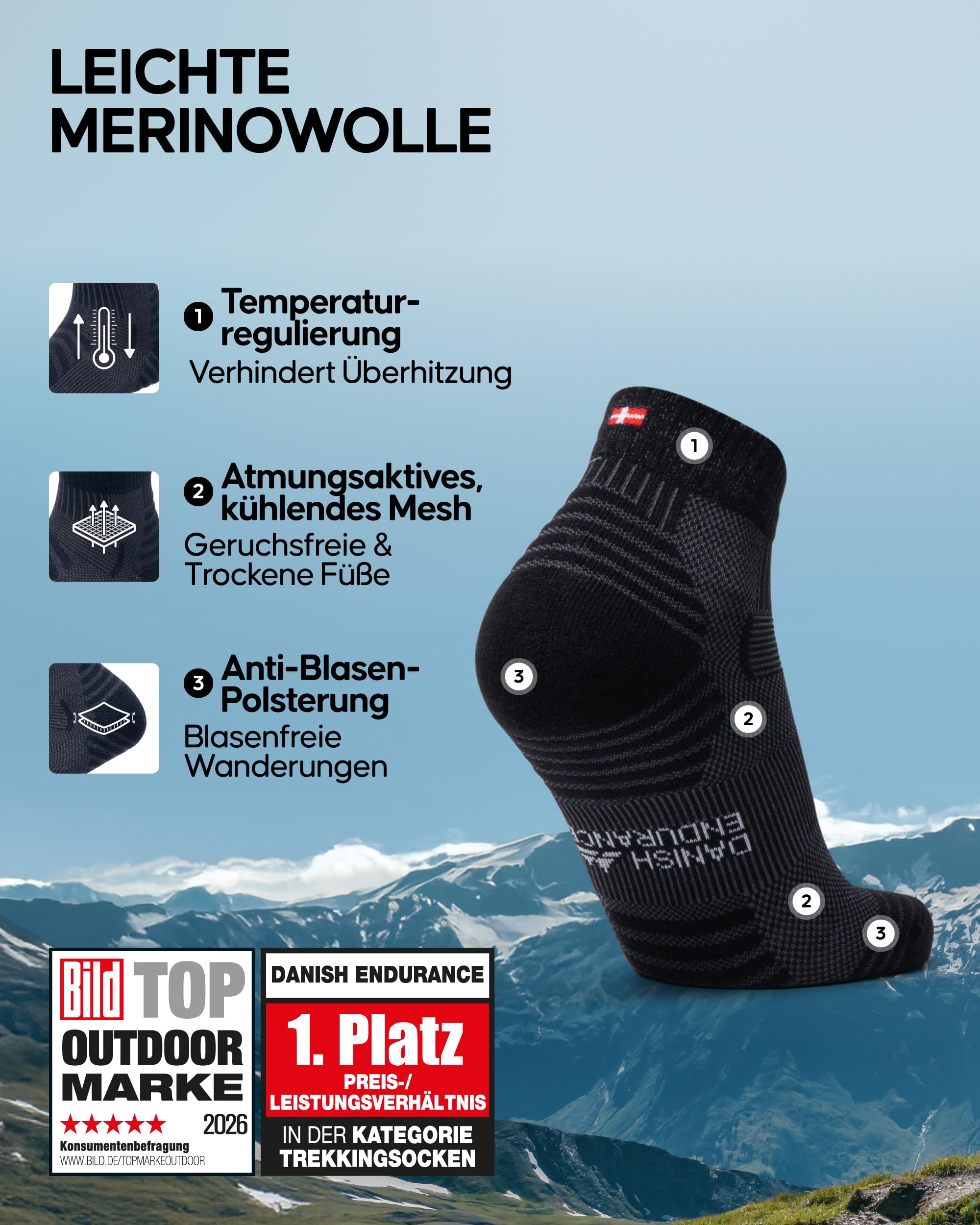 DANISH ENDURANCE Kurze Merinowolle Wandersocken, Arbeitssocken, Merino Socken, Funktionssocken, Atmungsaktiv, Leicht Gepolstert, Herren & Damen, 3 Paar