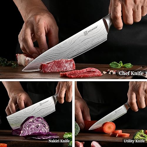 Miniatura 7 de KEEMAKE Juego de cuchillos de cocina, 3 piezas de cuchillos de chef profesionales con acero inoxidable de alto carbono, juego de cuchillos de cocina