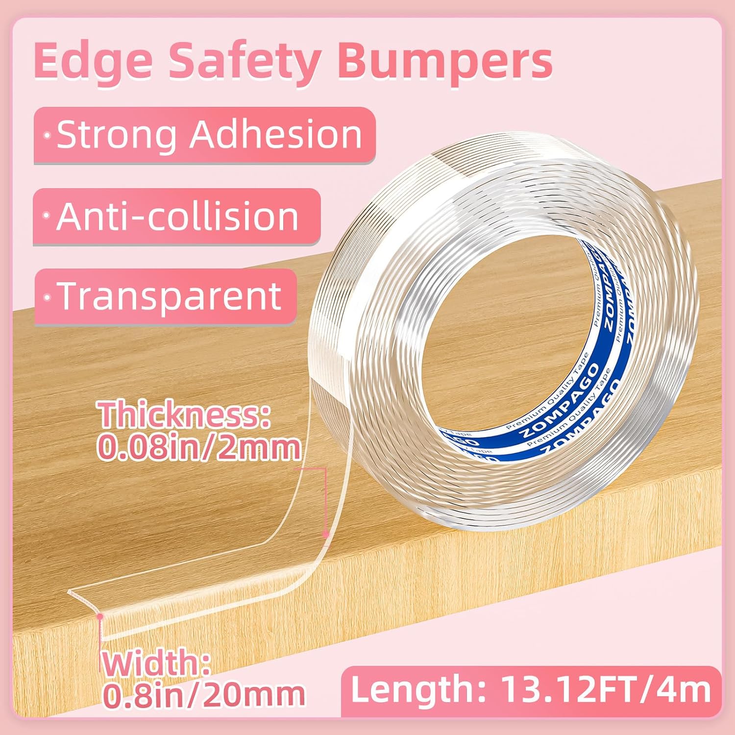 ZOMPAGO Baby Proofing Edge Protector Strip – Clear Corner Protectors for Furniture,0.8in x 13FT,Table Corner Guards for Baby Safety,Sharp Edge Protector Tape,Soft Furniture Corner Bumpers for Toddlers