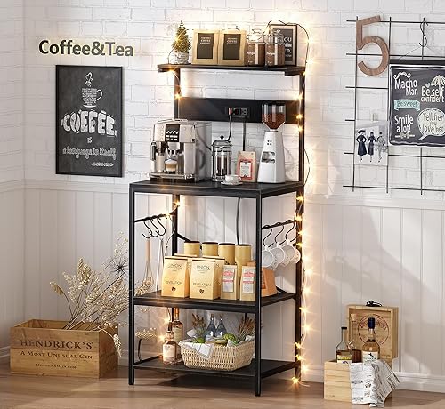 Miniatura 99 de SUPERJARE - Estante de cocina con toma de corriente de 4 niveles, soporte de microondas de cocina con 6 ganchos en forma de S, estante de Marrón