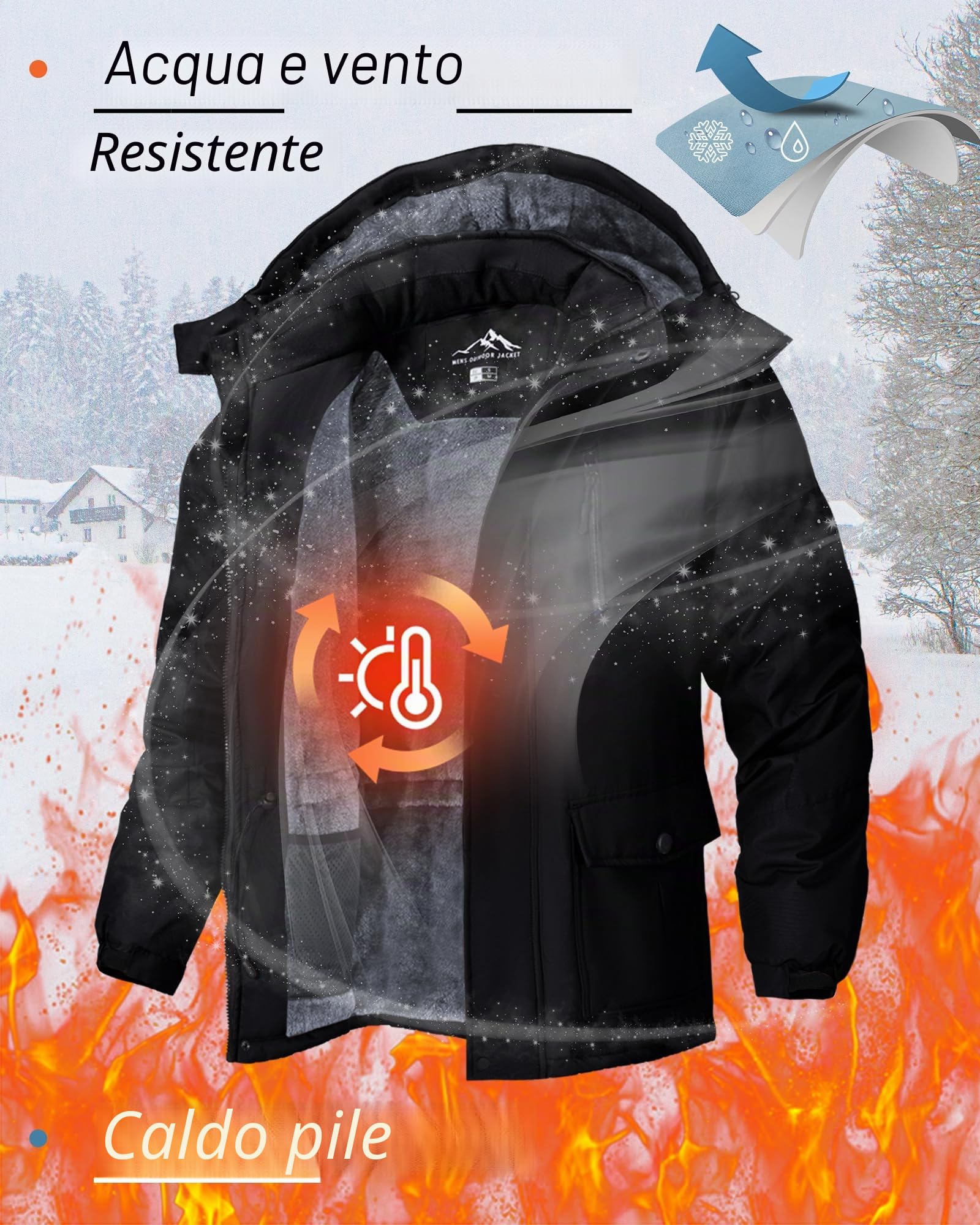 Tansozer Giacca Invernale Uomo Calda Idrorepellente Antipioggia Foderata Traspirante Antivento Escursionismo Sci Parka, Nero, L