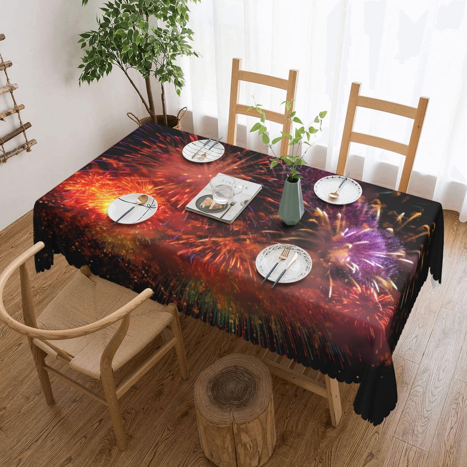 WPKJU Explosion Firework 3D Printed Rectangle Tablecloth 72x54 Inch with Lace Trim, Water-Resistant Washable Table Cover for Farmhouse Weddings, Outdoor Picnics & Holiday Dining