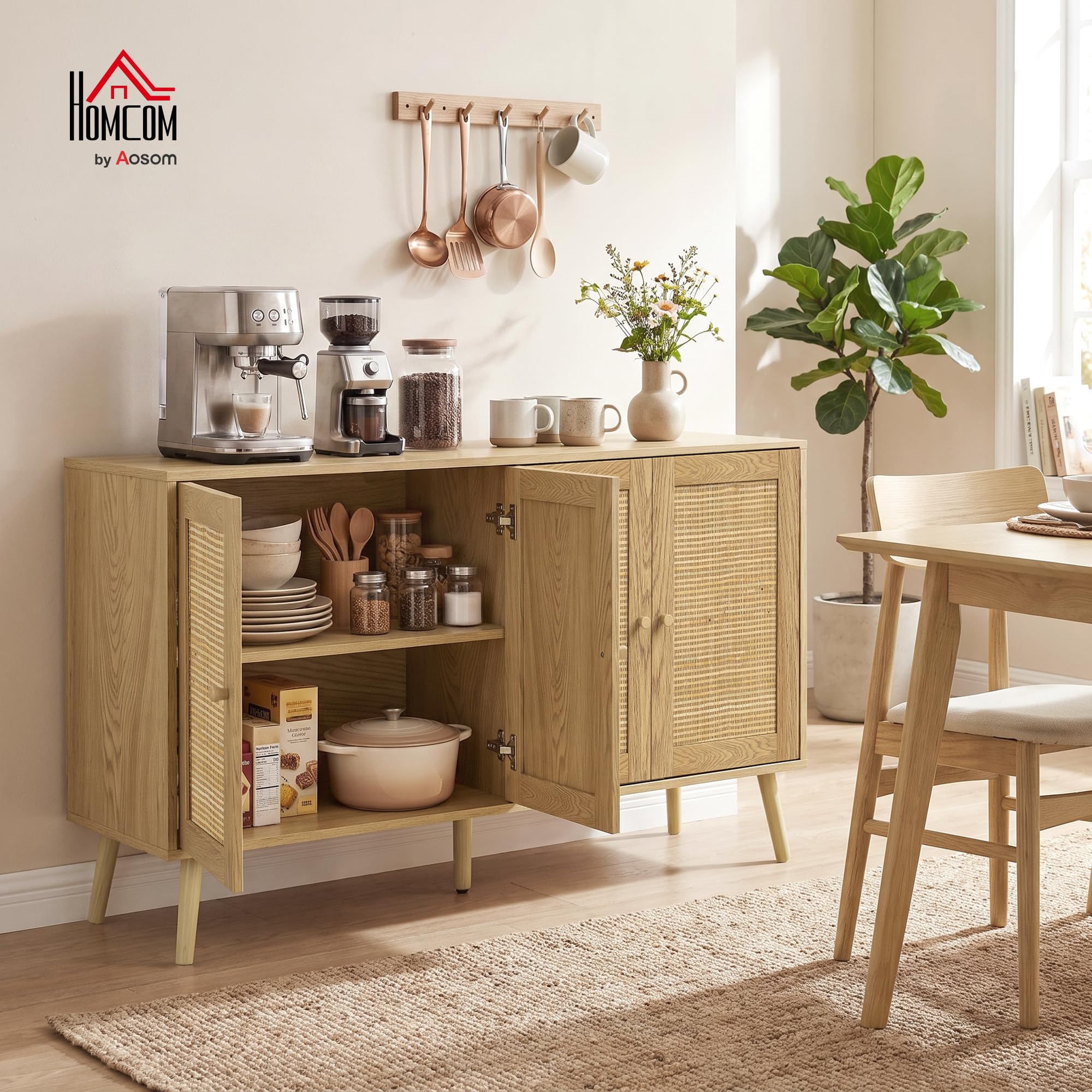 HOMCOM Sideboard Küchenschrank mit 4 Soft-Close-Türen 140x40x75 cm Natur