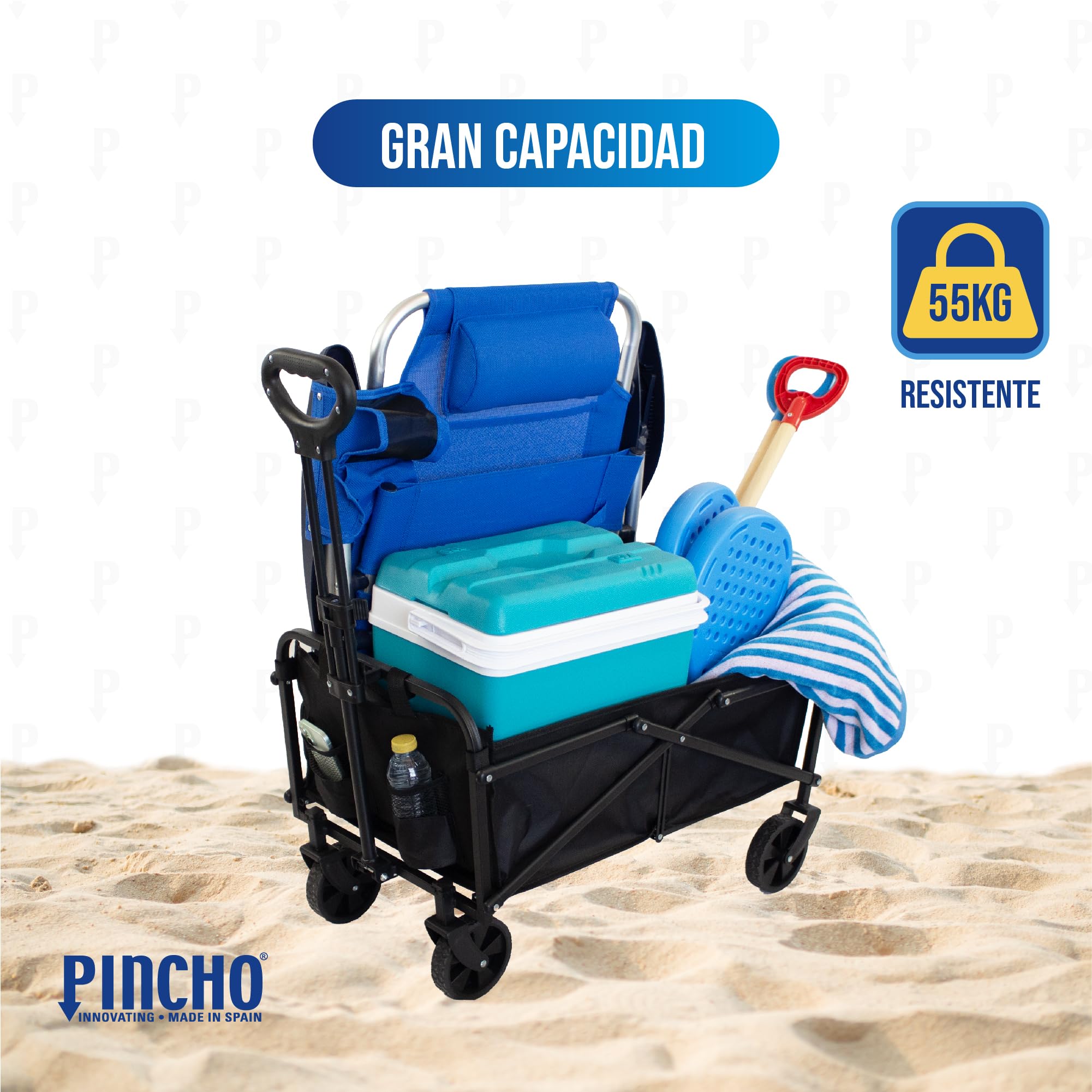 Carro Playa Plegable - PINCHO - Carrito De Playa Plegable, Carro Transporte Plegable con Asa Telescópica, Carretilla Plegable con Ruedas y Frenos - 4 Ruedas, Carga 50 kg, Plegado Compacto, Bolsillo