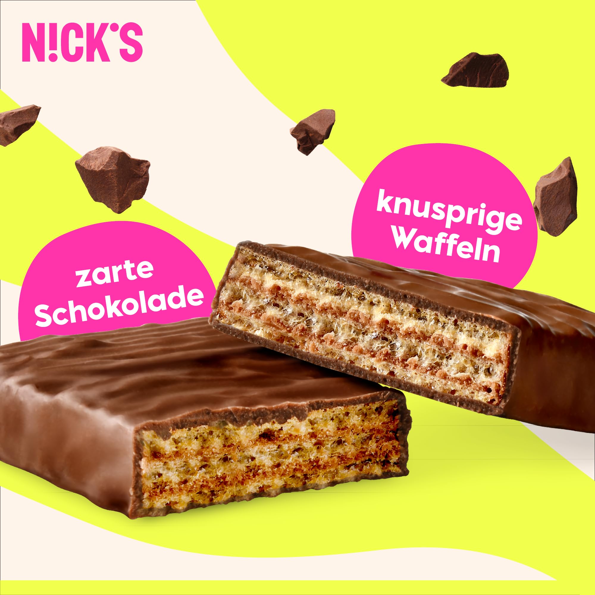 NICKS Riegel Schokolade Wafer, Low carb Waffel Kekse Schokoriegel, 165 Kalorien, Snack bar ohne Zuckerzusatz Glutenfrei Süssigkeiten (24 Kexbar x 35g)