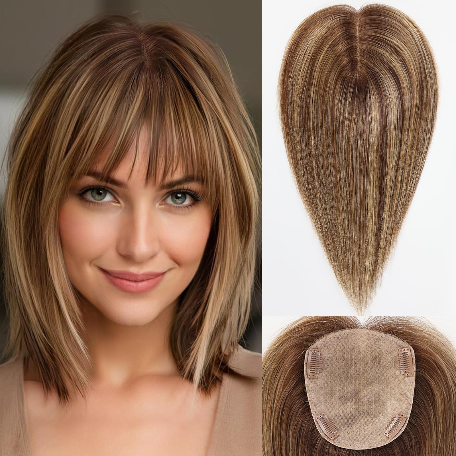 starluck Hair Toppers for Women with Bangs, 5"*5.5"Large Coverage Mixed Brown 100% Real Human Toppers for Women with Thinning Hair,Cover Gray Roots