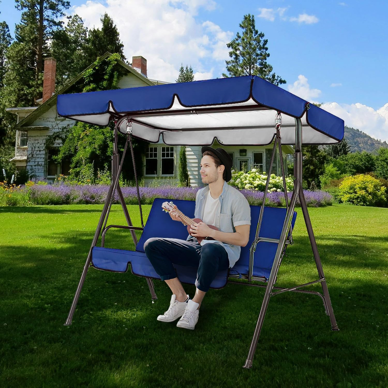 Swing Canopy Replacement for Outdoor Patio Swing Chair 2/3 Seater Waterproof Porch Swing Seat Canopy Cover Garden Hammock Top Cover for Seat Furniture, Canopy only (Navy Blue, 65x45×5.9 Inch)