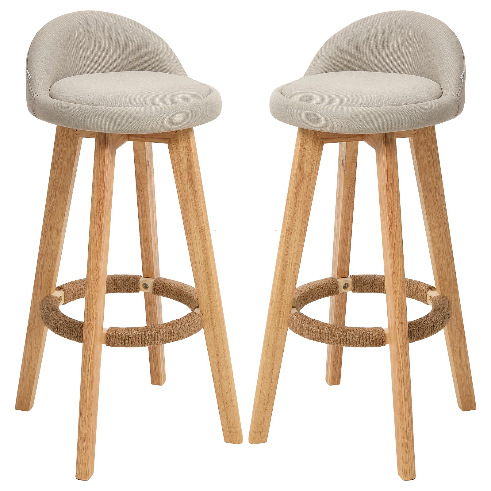 Warmiehomy Bar Stools Set of 2 with Back & Footrest, 360° Swivel Counter Height Stools, Rubber Wood Legs & Linen Fabric Seat Kitchen Island, Breakfast Bar, Home Office,Dining Room White