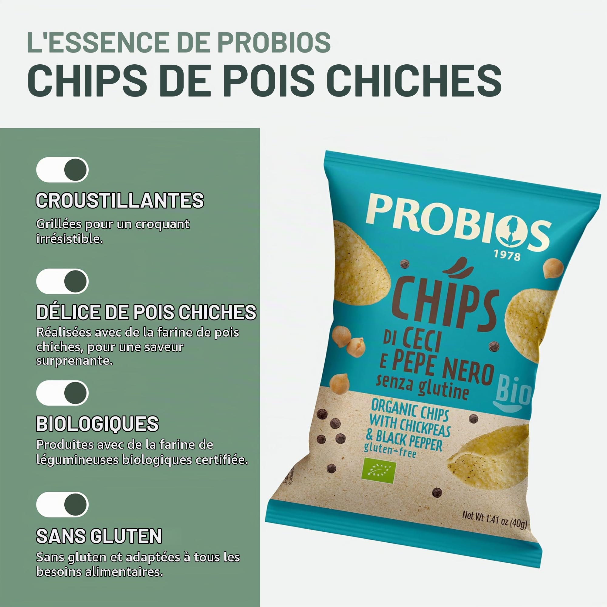Probios Chips aux pois chiches et poivre noir biologique - emballage 12x40g