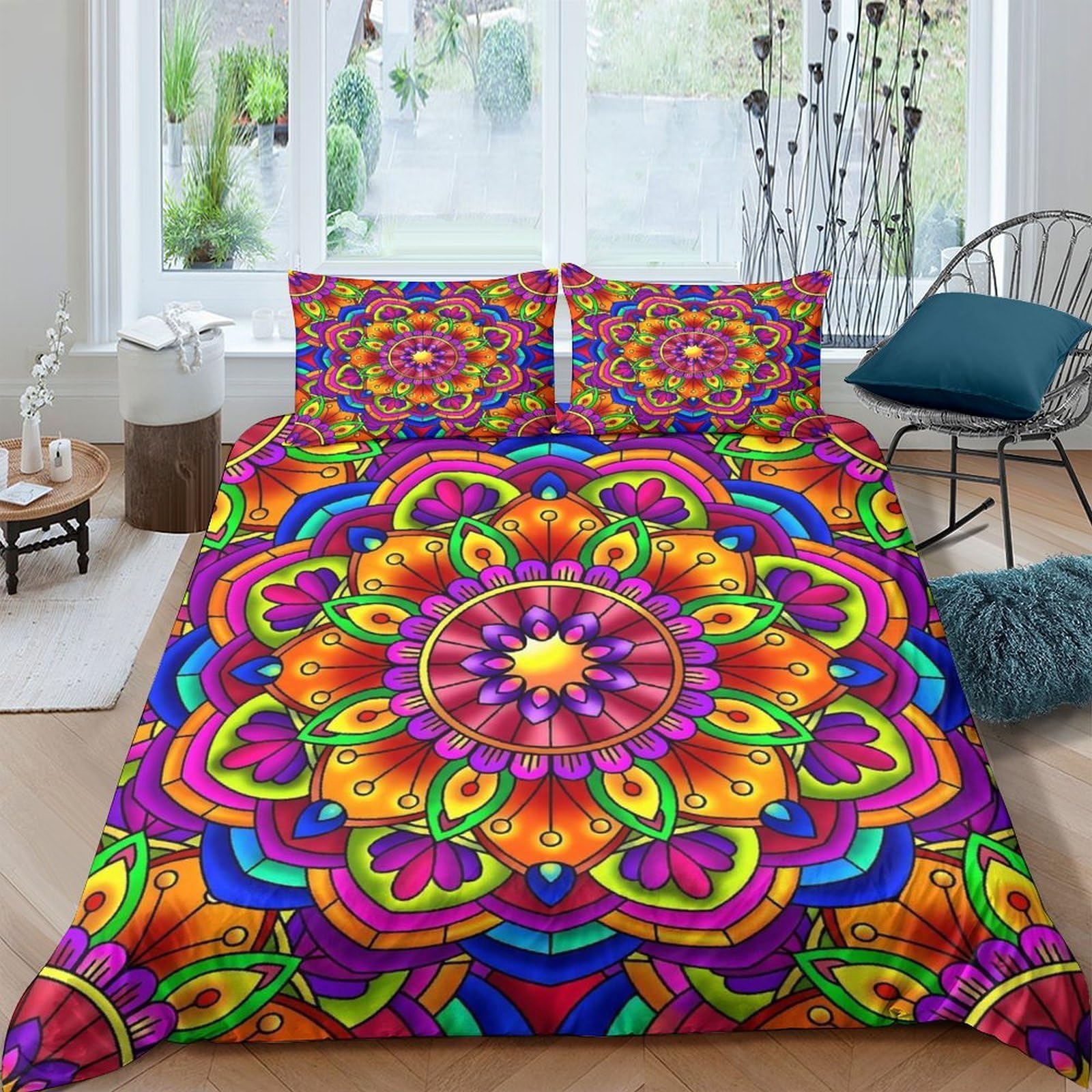Housse de couette 220x240 mandala 3 pièces microfobre pour lit king homme femme et adolescent
