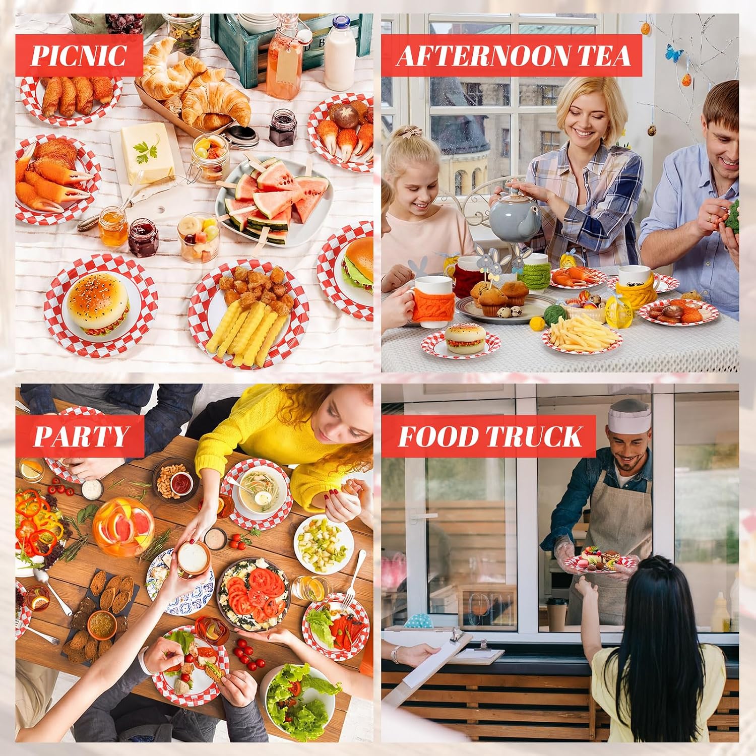 FillTouch 400 Pack 7 Inch Disposable Paper Plates for Everyday Use Soak Proof Heavy Duty Small Paper Plates for Dinner Picnic, Cut Proof Plate for Holiday Party Family Gatherings (Red Checkered)
