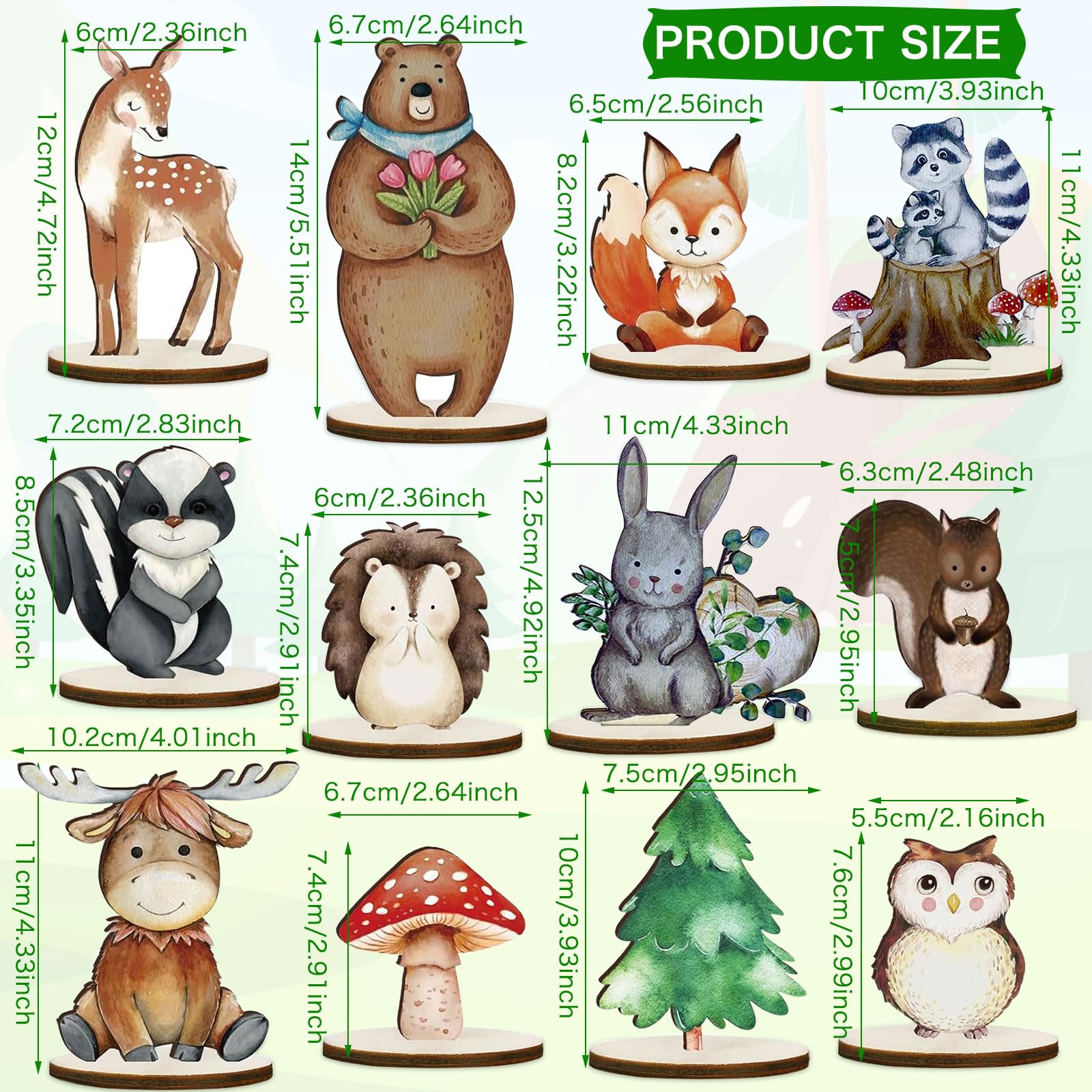 12 Pièces Décorations Animaux De La Forêt En Bois - Centres De Table Jungle Avec Base - Idéal Anniversaire Et Fête