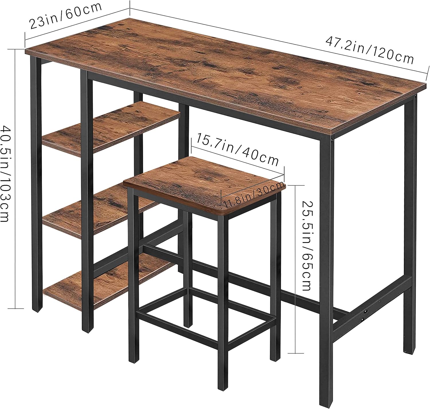 MUPATER High Industrial Bar Dining Table Set with Storage Shelves, Tall Counter Height Bar Table with Two Bar Stools and Foot Pads for Home, Kitchen and Living Room, Rustic Brown