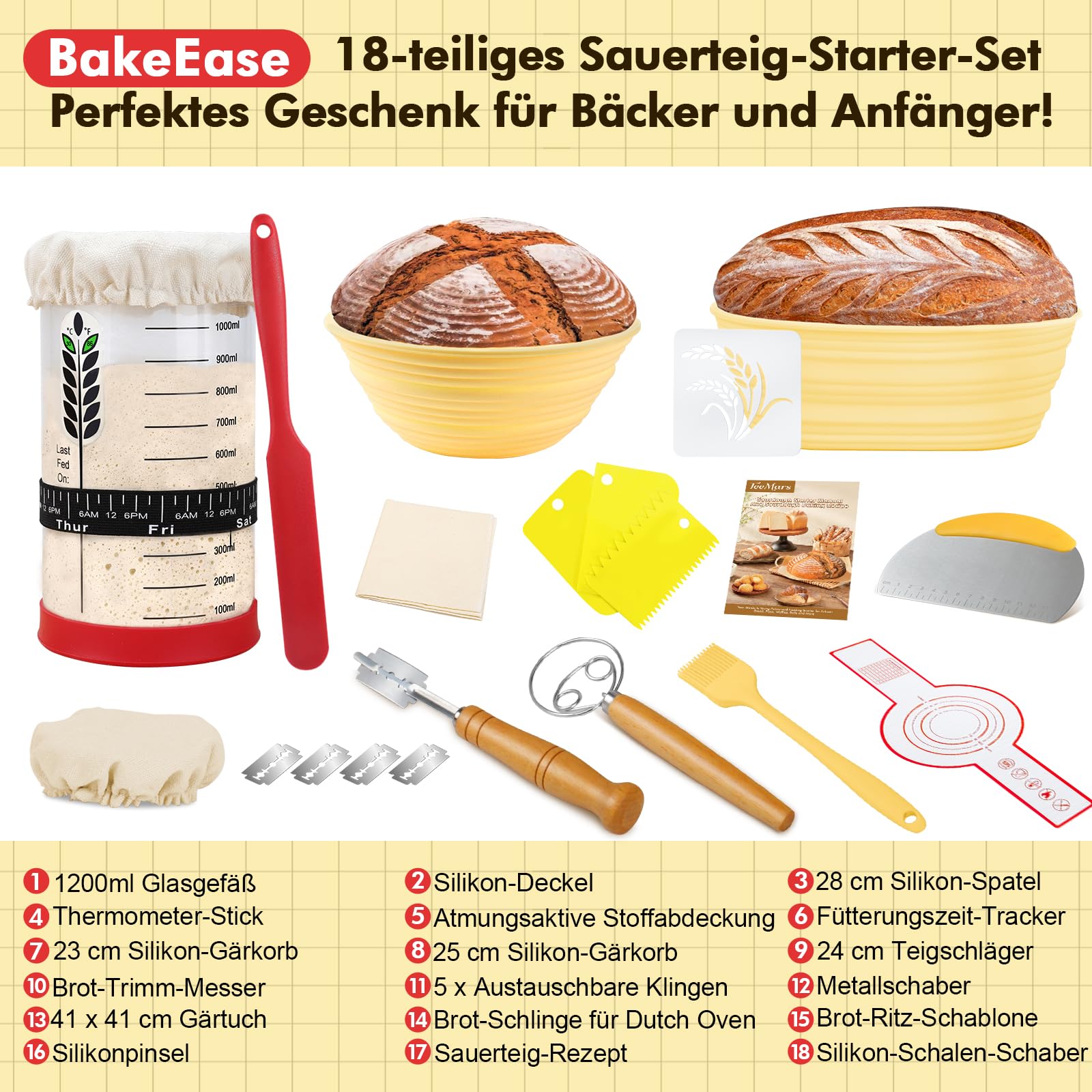 BakeEase Sauerteig-Set für Anfänger, 1200ml Sauerteigglas, 2 Gärkörbchen aus Silikon, Thermometer, Fütterungstracker, Sauerteigrezept, Dutch Oven Sling, Schaber, 18-teiliges Sauerteig-Starter-Set