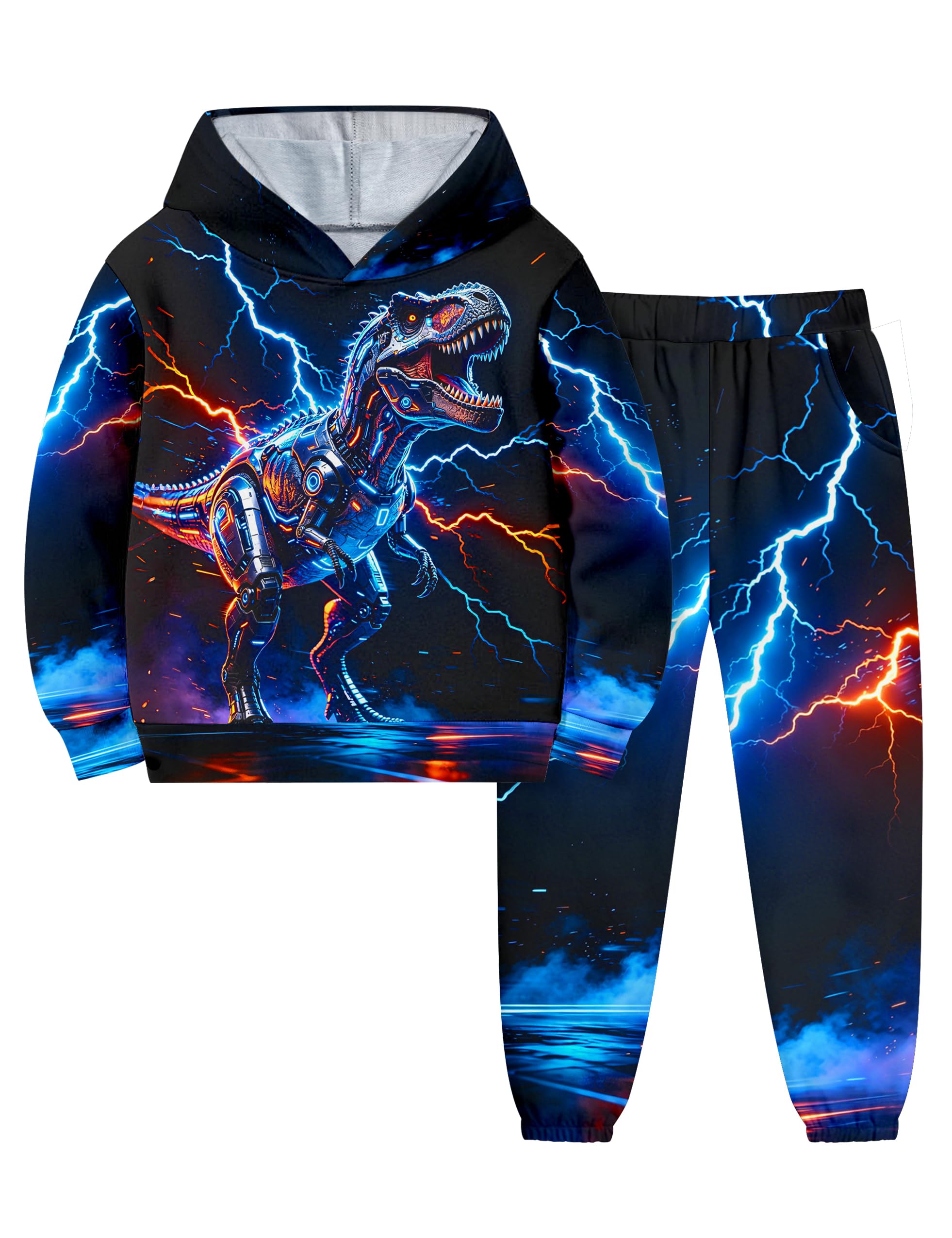 Boys Clothes, T-Rex Print Dinosaur Boy Clothes Fall Winter Outfits Long-sleeved Hooded Sweatshirt Pants 2Pcs Set