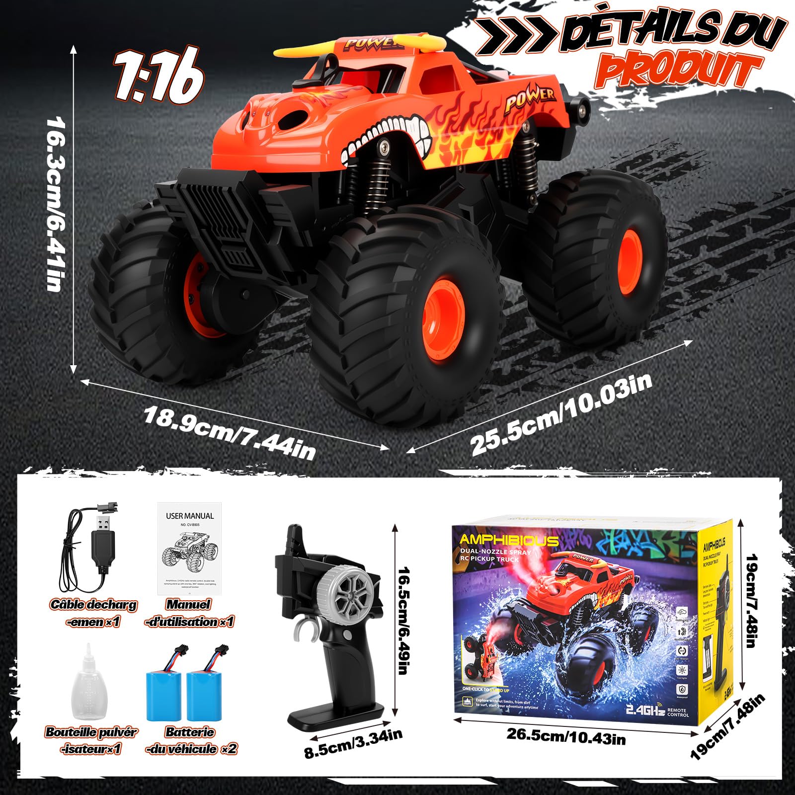 Charmofun Voiture Télécommandée Tout Terrain Amphibie, 4WD Monster Truck Télécommandé Rechargeable avec Effet de fumée, 2.4GHz Voiture RC, Monster Truck RC Offroad pour Enfants (Rouge)
