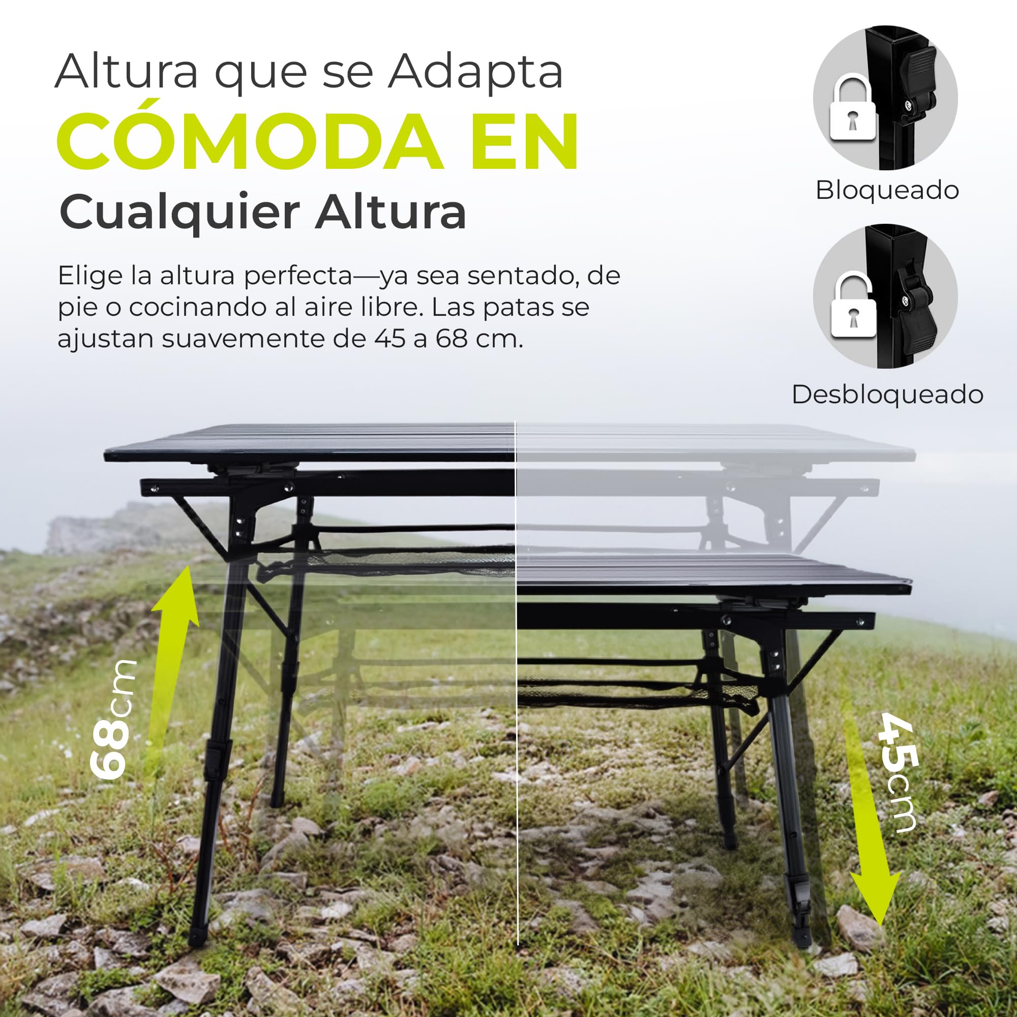 Mesa Enrollable Camping - Aluminio, 30 kg, 90x51 cm | Altura regulable 45-65 cm - tablero enrollable - bolsa de transporte incluida - solo 3,9 kg