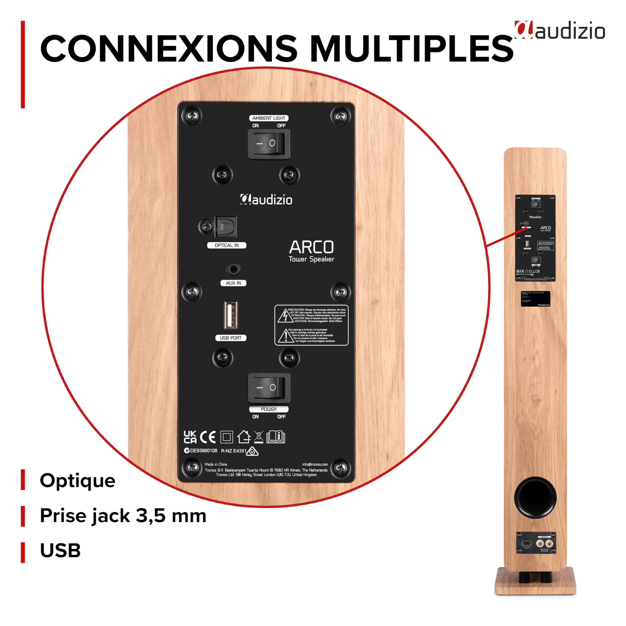 Audizio ARCO Tour de Son Hi-FI Stéréo 320W Chêne Clair - Pack Enceintes Colonnes Active + Passive avec BT, USB et Optique Tour de Son Design pour Salon, TV et Musique