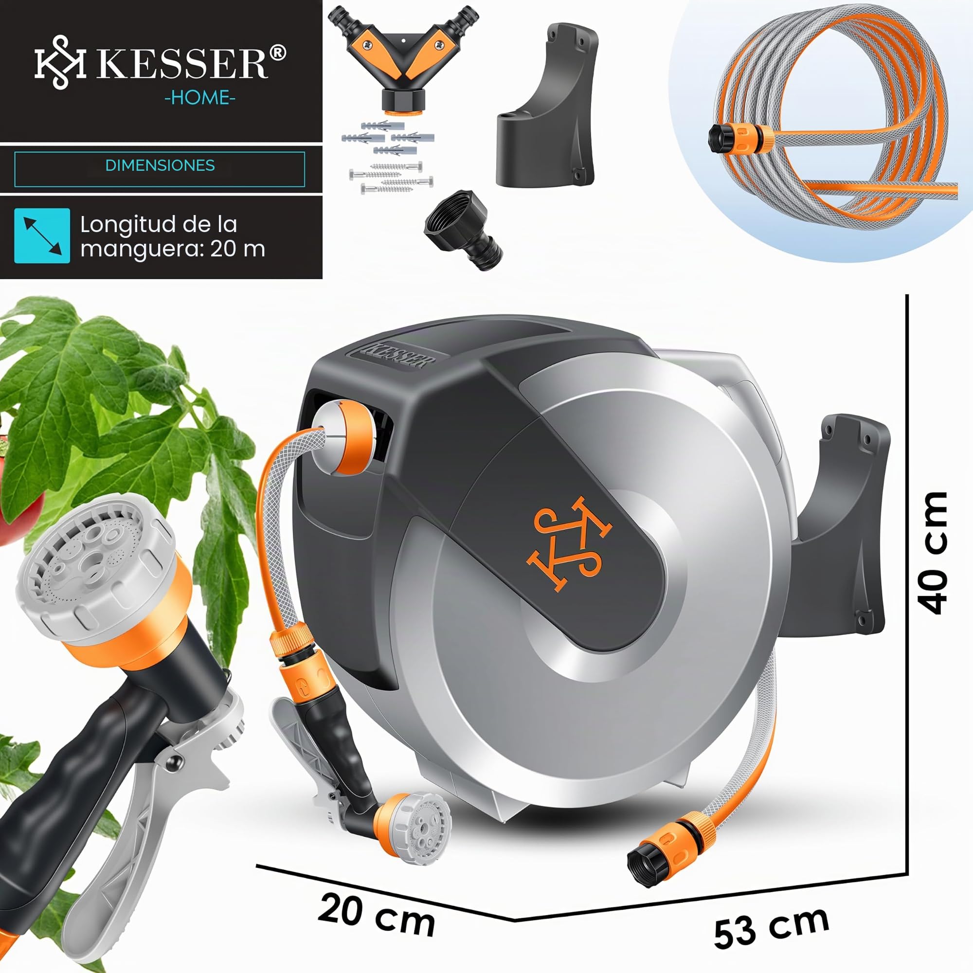 KESSER® Enrollador de Mangueras, Manguera de Jardín, Montaje en Pared, Giro de 180° y Retracción Automática, incl. Teleducha de 7 funciones, 20m - Gris Claro/Gris