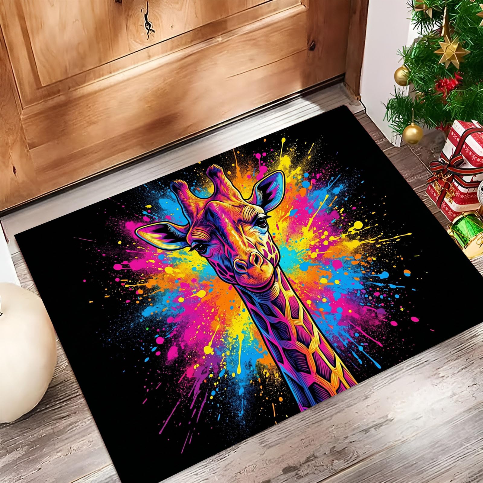 90X150Cm Zerbino Ingresso Interno Antiscivolo Assorbente, Tappeto Microfibra Sottile Lavabile Con Giraffa Con Schizzi D'Inchiostro Pop Art Animali Fantastici Per Cucina Bagno Porta Animali, Nero