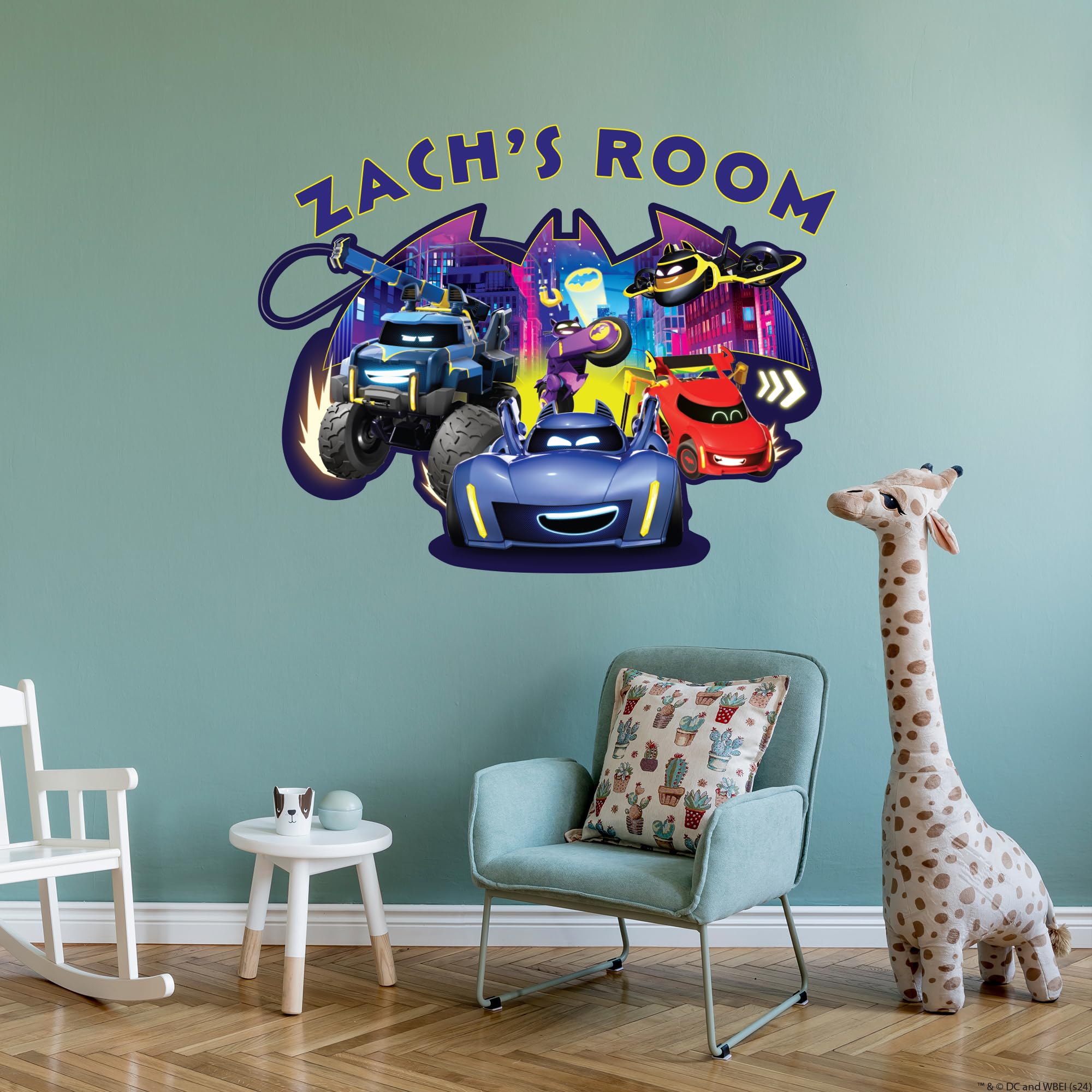Themed Black Batwheels™ Wall Sticker - Group City Personalised Name Decal Dc Superhero Art (60Cm Width X 45Cm Height)
