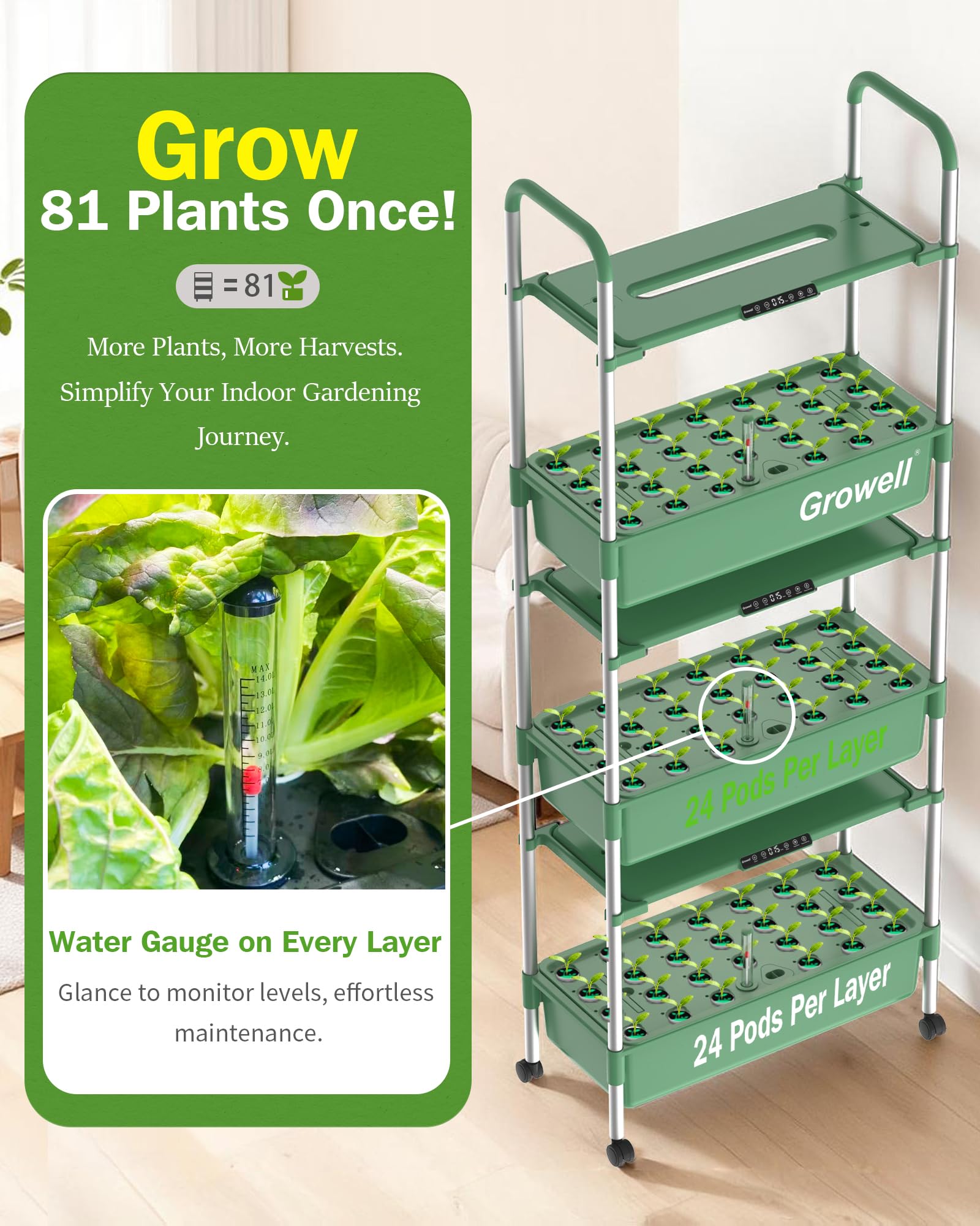 Growell Großes Hydrokultur-Anzuchtsystem-Set, 81 Kapseln, vertikaler Kräutergarten-Set für den Innenbereich, mit LED-Wachstumslicht und unabhängiger Wasserpumpe, 42 l beweglicher Pflanzgefäß für den