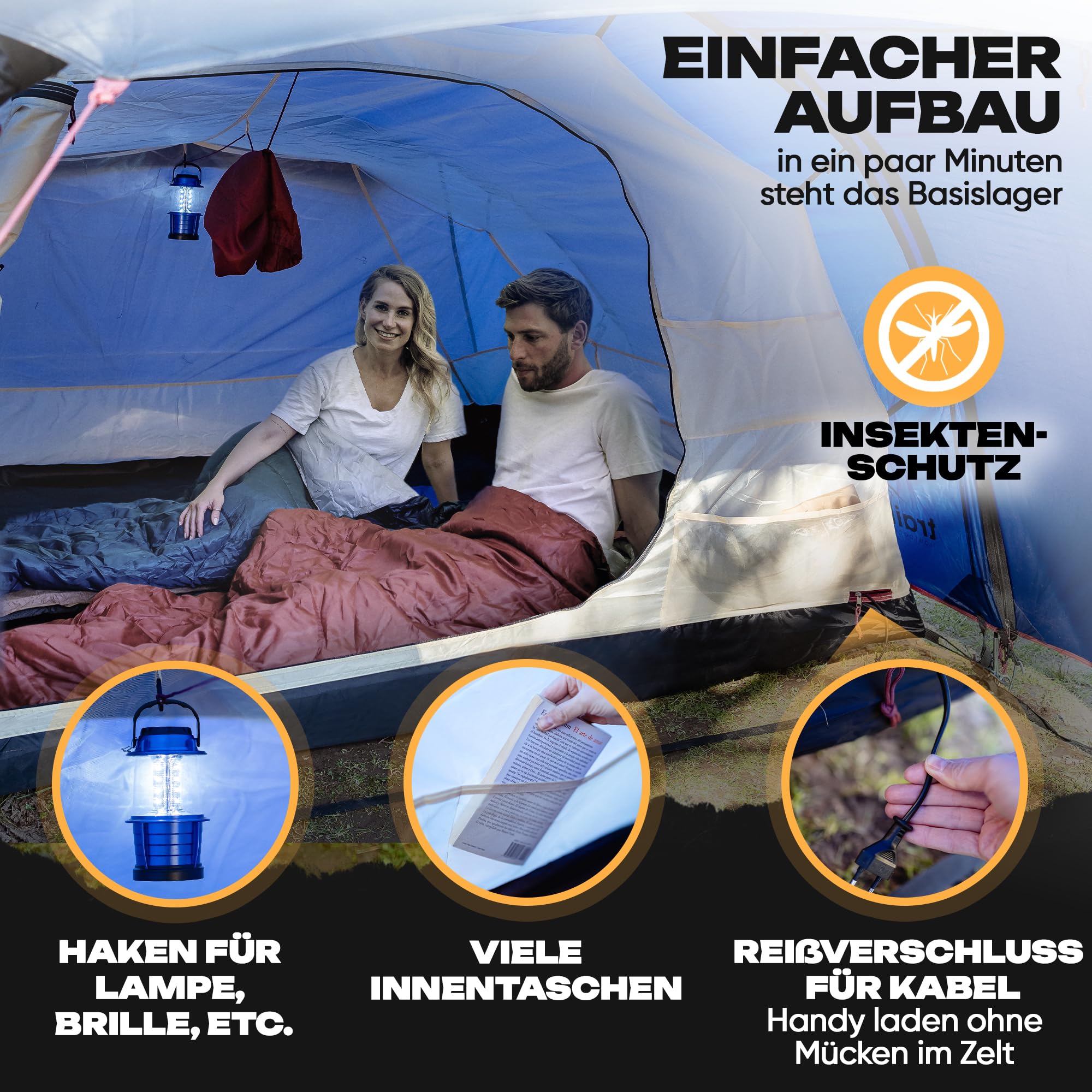 Tente familiale étanche pour 2 et 4 personnes - Tente tunnel avec auvent et protection contre les moustiques - Tente familiale légère et stable - Montage rapide - Tente de camping