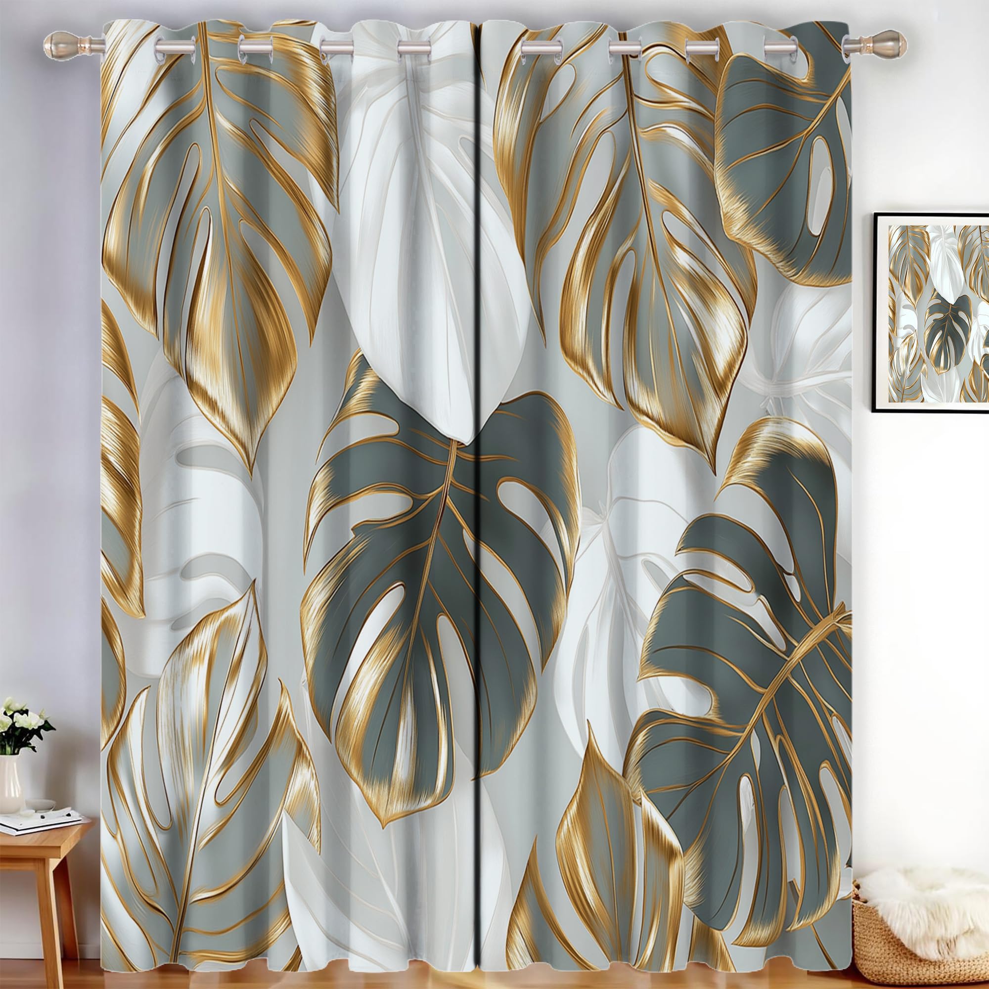 Rideau occultant blanc cassé monstera or 140x240cm lot de 2 isolants thermiques